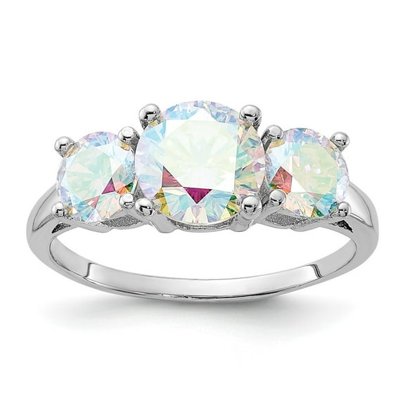 Sterling Silver Rhodium-plated Iridescent CZ 3-Stone Ring