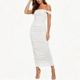 thumbnail image 2 of Miluxas Women's off Shoulder Ruched Bodycon Long Dress Elegant Short Sleeve Casual Fitted Cocktail Party Dress Trendy Wedding Guest Outfits White, 2 of 7