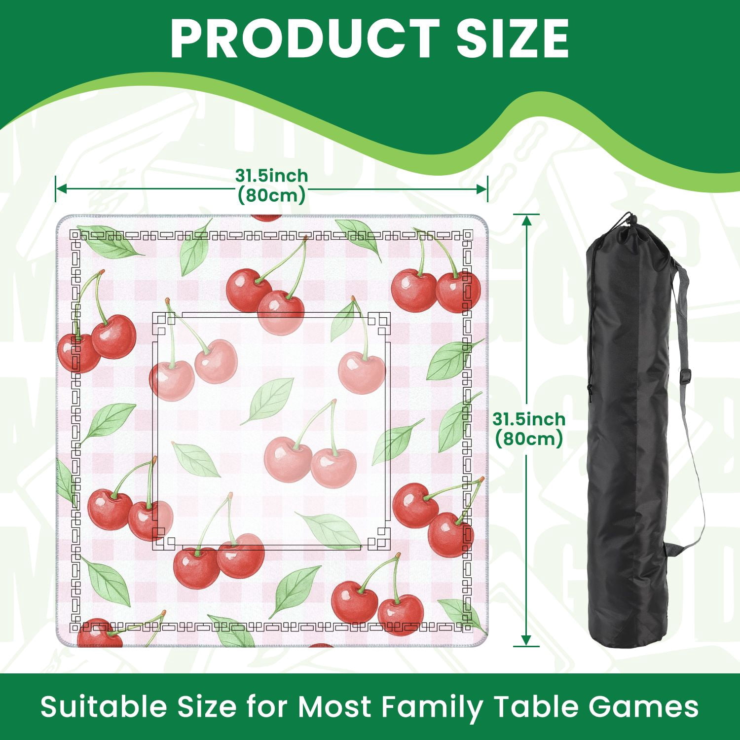 Mahjong Mat 31.5" x 31.5" Red Cherries Green Leaves Pink Gingham Non-Slip Noise Reduction American Mahjong Tiles Table Cover for Dominoes Poker Card Board Games Gift