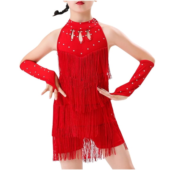 Toddler Girls Dresses 4T, 5T Girls Dresses Set Girl's Performance Dance Jumpsuit Practice Outfit Tassel Skirt Performance Dessses 100 Days Of School Dresses,2-8 Years