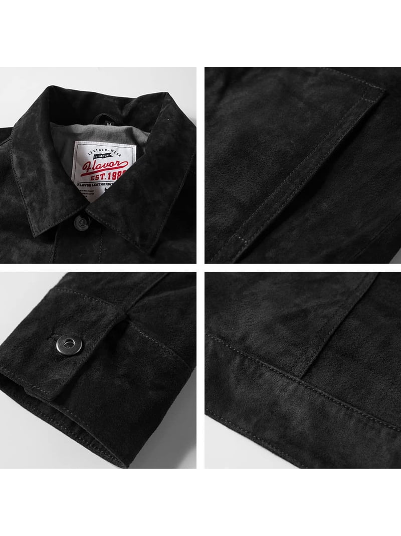 FLAVOR Men's Suede Leather Jacket Trucker Coat (3X-Large, Black