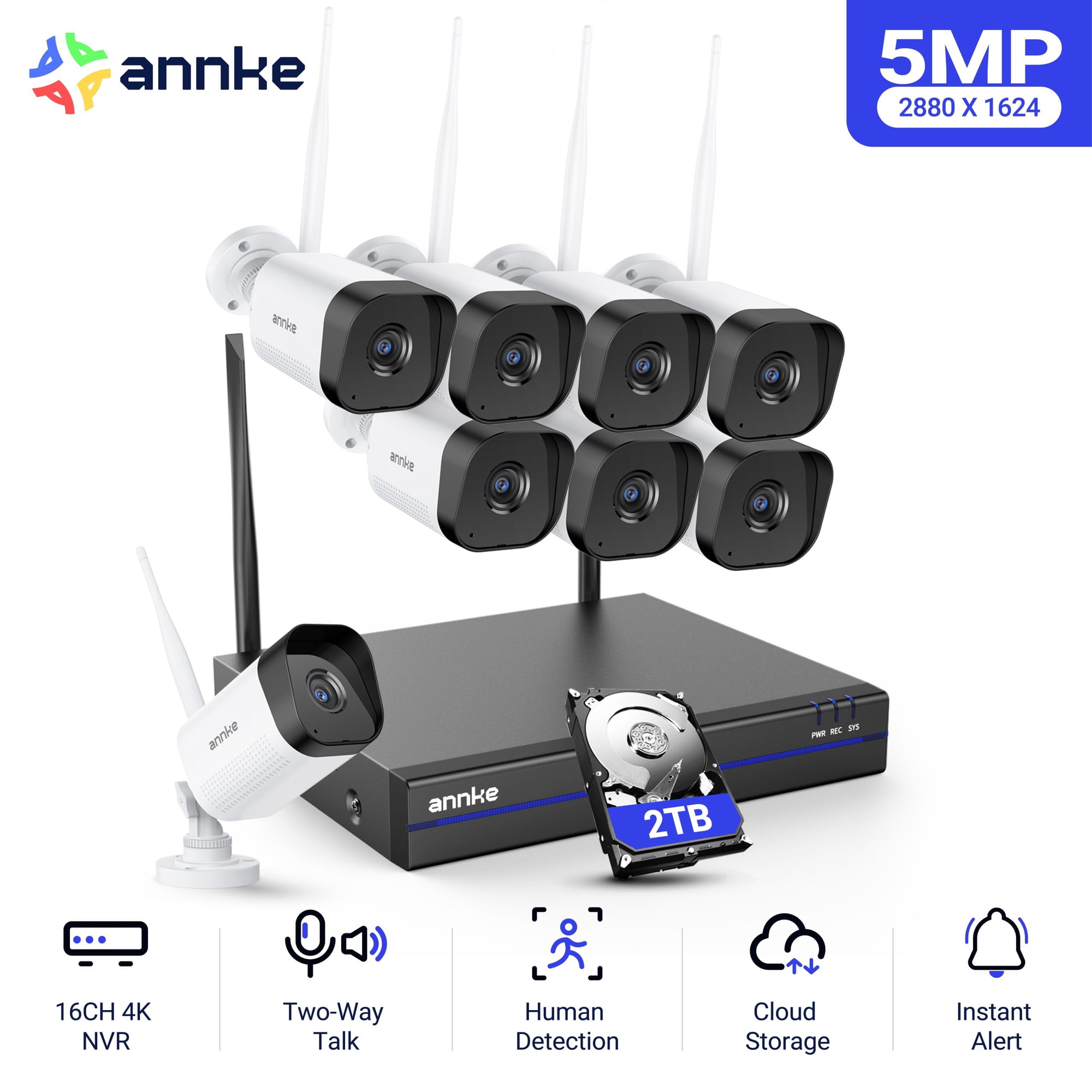 ANNKE Wireless Security Camera System Outdoor Indoor, 4K 16CH NVR Kit Expandable, 2TB HDD, Outdoor Home Security Cameras 8 Pcs,100ft Night Vision, IP66, Human Detection,2-Way Audio, Plug-and-Play