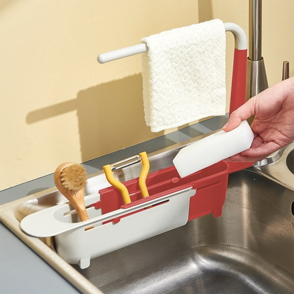 Expandable Over Sink Drying Rack - Multifunctional Retractable Dish Drainer, Utensil Holder & Towel Bar for Kitchen Organization,Red