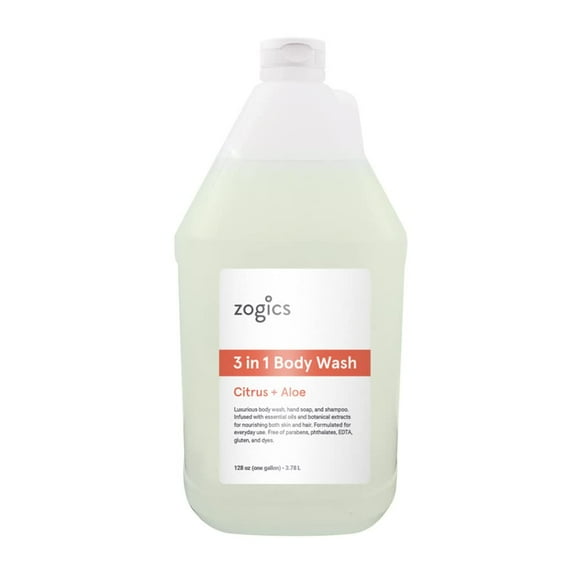 Zogics 3-in-1 Body Wash - Body Soap Shampoo and Hand Soap Liquid Refill All-in-One Hydrating Plant-Based Formula Refreshing Citrus + Aloe Scent (1 Gallon)