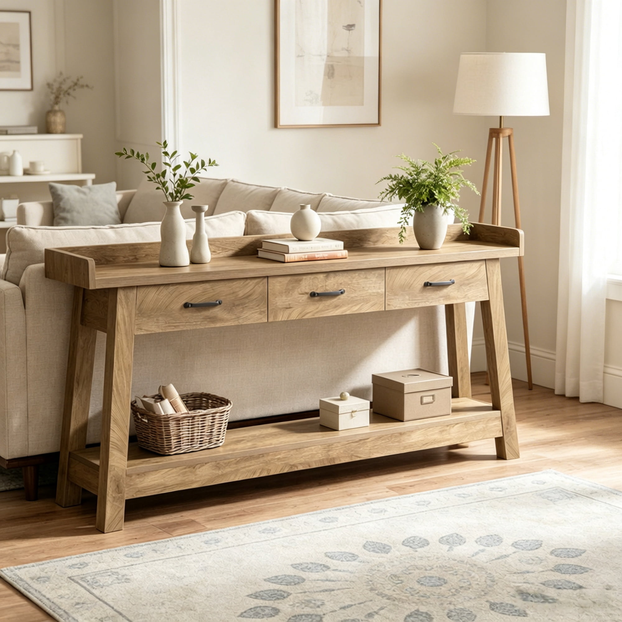 Long Console Table, 75.79 in, 3 Drawers, Raised Edge, Farmhouse Style