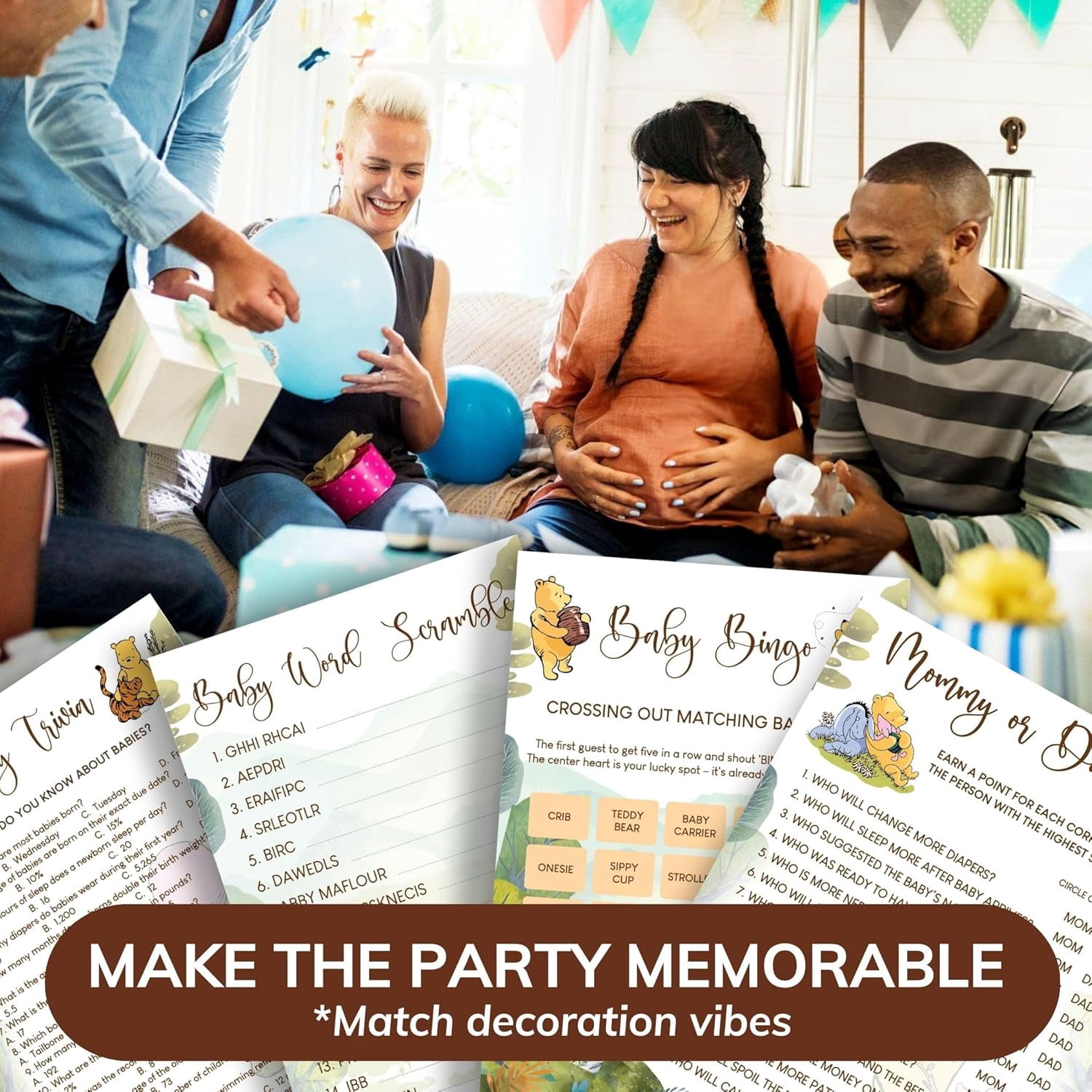 Winnie Baby Shower Games Boy - Pooh Baby Shower Bingo Cards for 25 Guests, Word Scramble Guess Who Mommy Or Daddy Game Ideas for Party Decorations