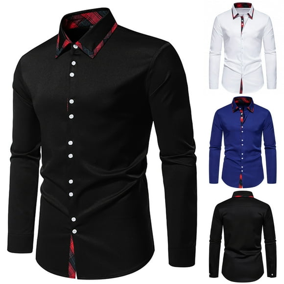 JURANMO Mens Slim Fit Button Shirts Long Sleeve Plaid Patchwork Lapel Shirts Soft Comfy Cotton Business Shirts Lightning Deals White S
