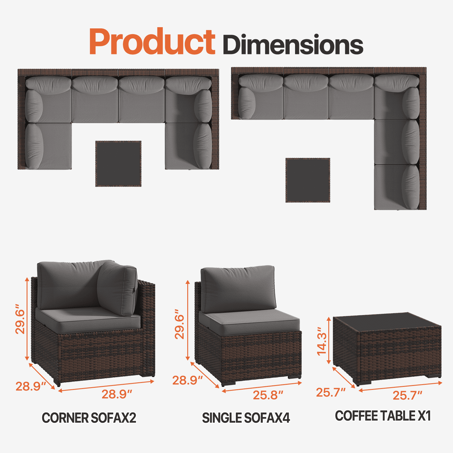 Dateyes 7-Piece Outdoor Patio Sectional Sofa Set, All-Weather Wicker Rattan Furniture with Coffee Table & Waterproof Cover (Grey)