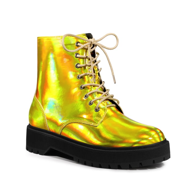 Unique Bargains Women's Round Toe Platform Lace Up Colorful Combat Ankle Boots Gold Yellow (Size 10)
