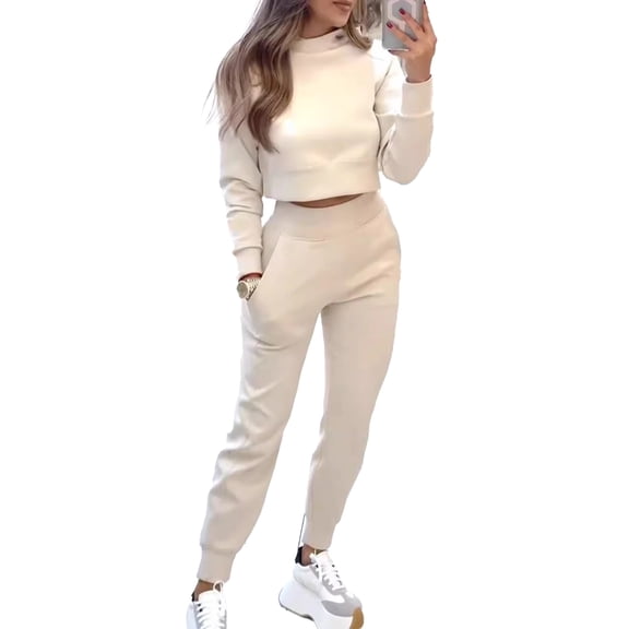 Quixlent Women's 2 Piece Outfits Long Sleeve Pullover Crop Top And Drawstring Sweatpants Set Fall Lounge Sweatsuit Set