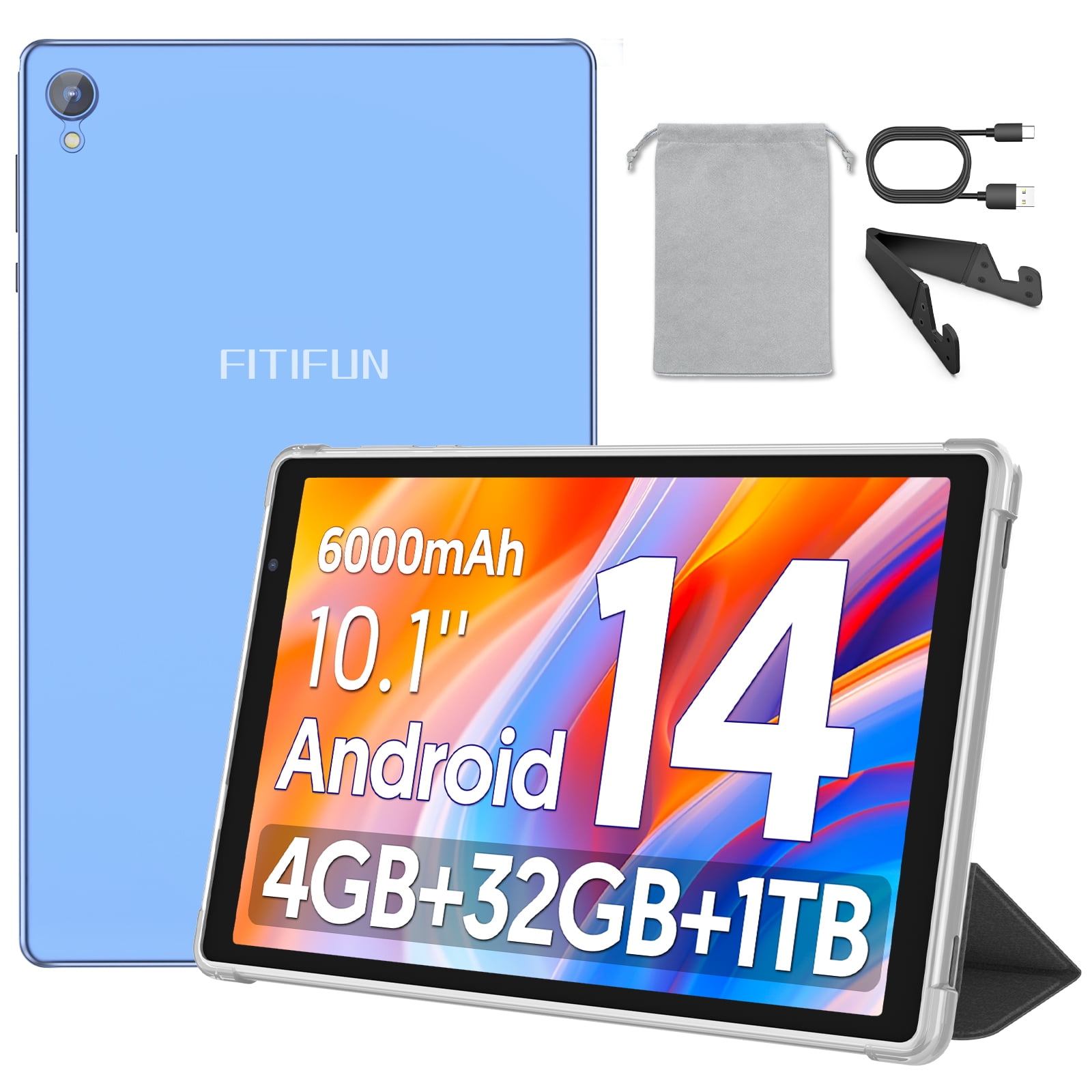 FITIFUN 10.1 inch Tablet Android 14 Tablets with Case, 4GB RAM 32GB ROM 1TB Expand, Quad-core, HD Display, WiFi, Dual Camera, Blue