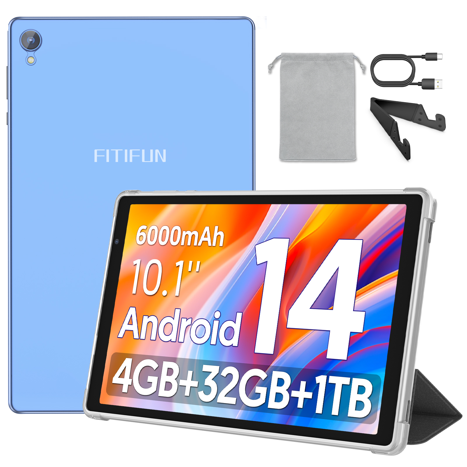 FITIFUN 10.1 inch Tablet Android 14 Tablets with Case, 4GB RAM 32GB ROM 1TB Expand, Quad-core, HD Display, WiFi, Dual Camera, Blue