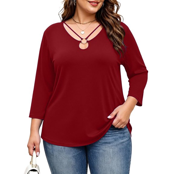Vivianyo HD Women's V Neck Tunic Shirt, Curved Hem Three Quarter Sleeve Solid Top for Women, Fall Stretch Casual Shirt for Shopping Trips and Daily Errands, Sizes L-5XL