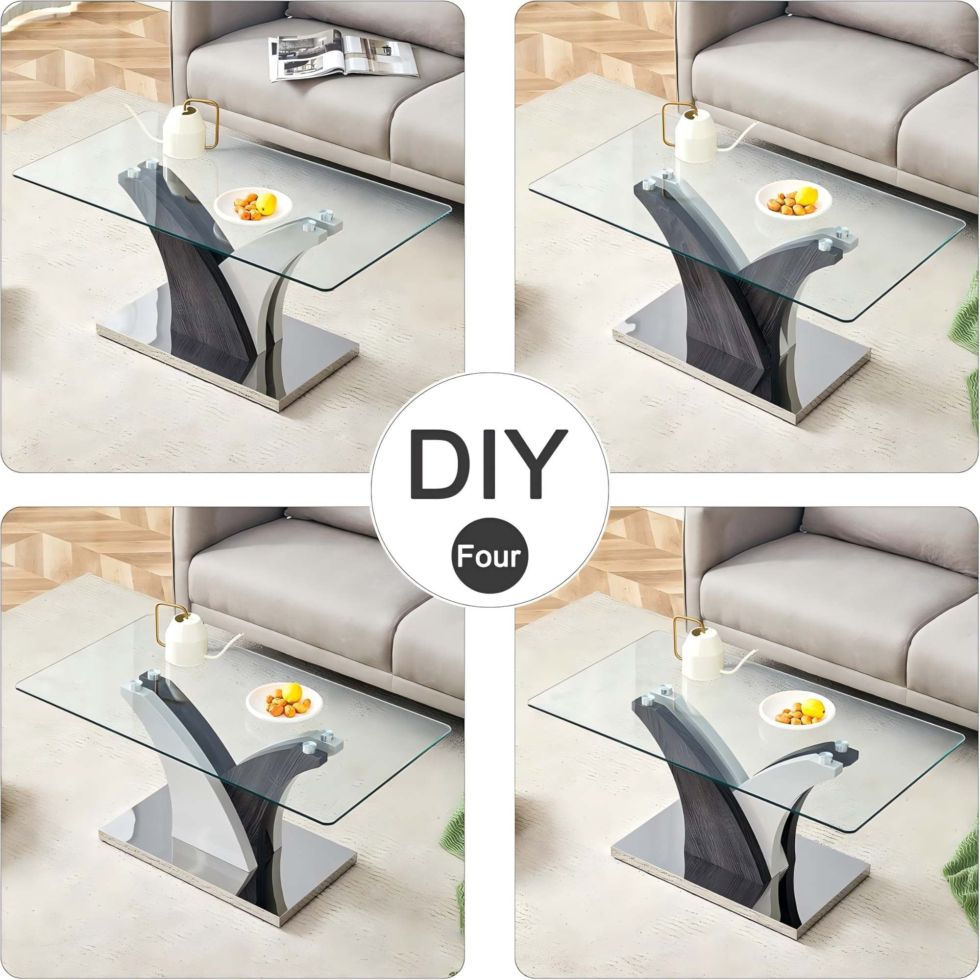 SUDICA 39" Tempered Glass Coffee Table, Modern Center Table with Wood Grain Metal Base