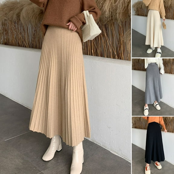 BAETEUY Women Knitting Skirt, High Waist, Solid Color, A-Line Skirt, Loose Fit, Pleated Skirt, Autumn, Winter, Long Skirt