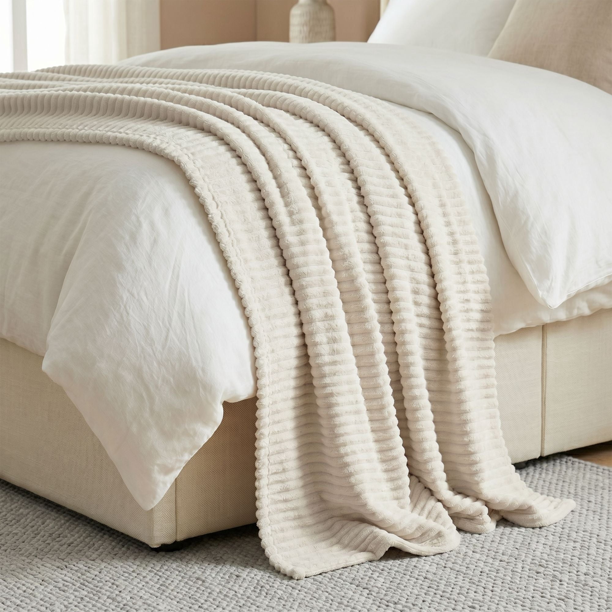 Superior Kacey Ribbed Fluffy Fleece Blanket, King Size, Ivory