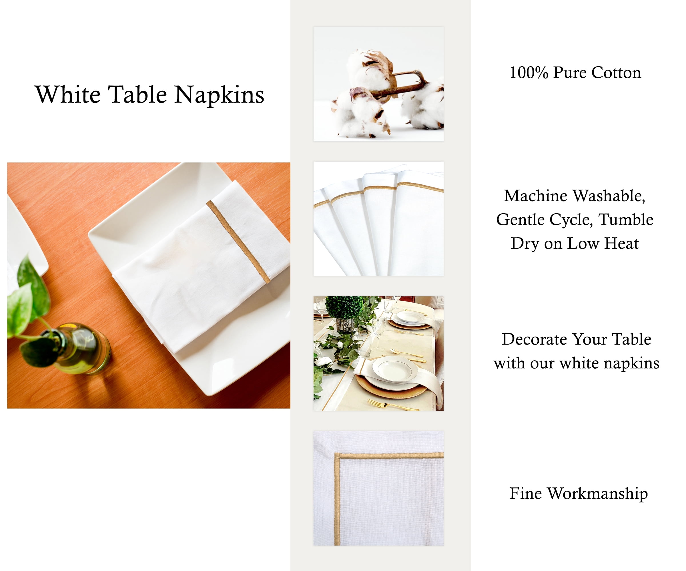 White Linen Cloth Scallop Napkins With Gold Trim for Table Decor