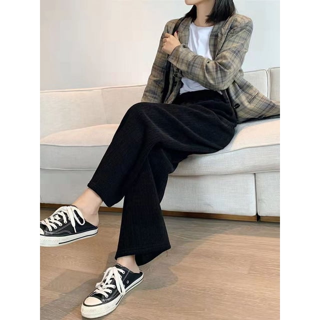 Pantalones deportivos gruesos con forro polar para otoño e invierno, pantalones casuales de cintura alta con bolsillos y piernas sueltas, pantalones rectos pequeños