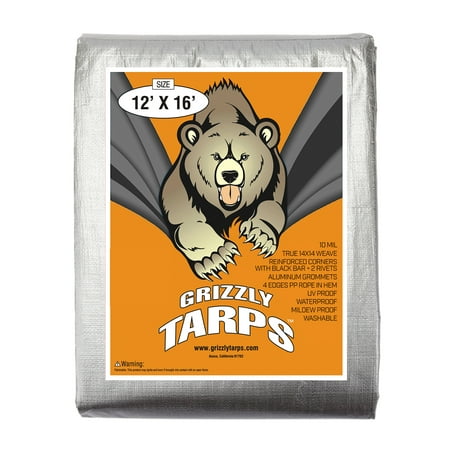 Grizzly Tarps 12 x 16 Feet Silver Heavy Duty Multi Purpose Waterproof Poly Tarp Cover 10 Mil Thick 14 x 14