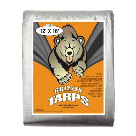 Grizzly Tarps 12 x 16 Feet Silver Heavy Duty Multi Purpose Waterproof Poly Tarp Cover 10 Mil Thick 14 x 14 Weave