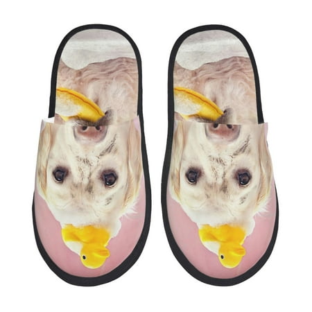 Balery Dog Sitting In Bathtub With Duck On Head Slient Indoor Furry Fleece Comfort House Shoes Soft Non-Slip Home Shoes Cotton slippers House Slippers-- Large