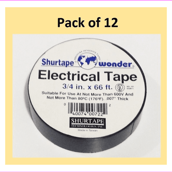 Pack of 12 SHURTAPE 200783 3/4 in. x 66 ft. SVPC Electrical Tape BLACK 600 VOLT