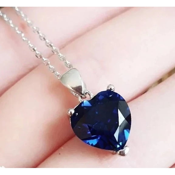 2Ct Lab Created Blue Sapphire Solitaire Heart Pendant 14K White Gold Plated