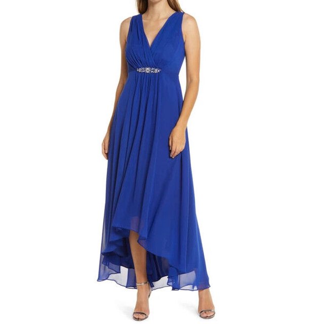 Eliza J Robe en Mousseline Asymétrique pour Femme Bleu Paon Taille 4 Convient TP