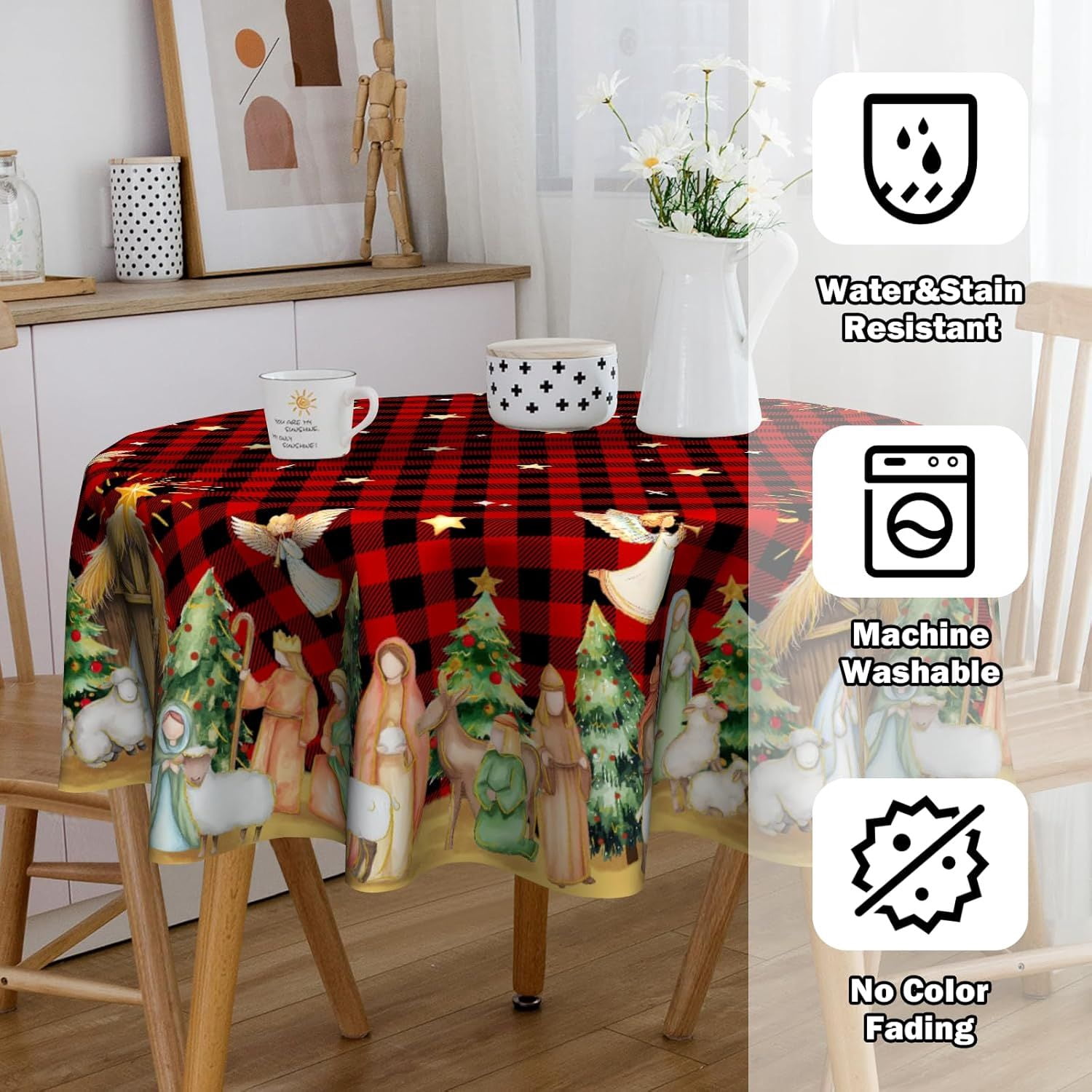 Christmas Round Tablecloth 60 inch Christmas Nativity Table Cloth Xmas Tree Table Cloths Decorations for Home Kitchen Dining Red Buffalo Plaid