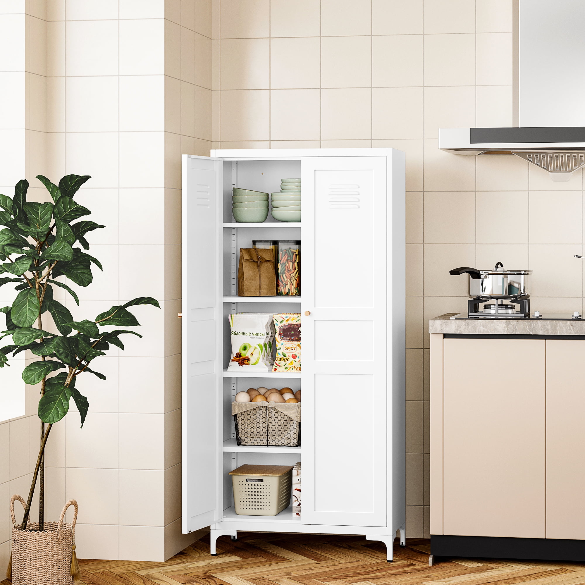 AUHUP Pantry Cabinet with 4 Adjustable Shelve, 61"H White Metal Storage Cabinet for Kitchen, Dining Room, Living Room