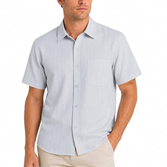 AZoiNM Men's Short Sleeve Dress Shirt, 60% Cotton 40% Linen Vertical Stripe Loose Fit Button Down Business Casual Summer Breathable Tops