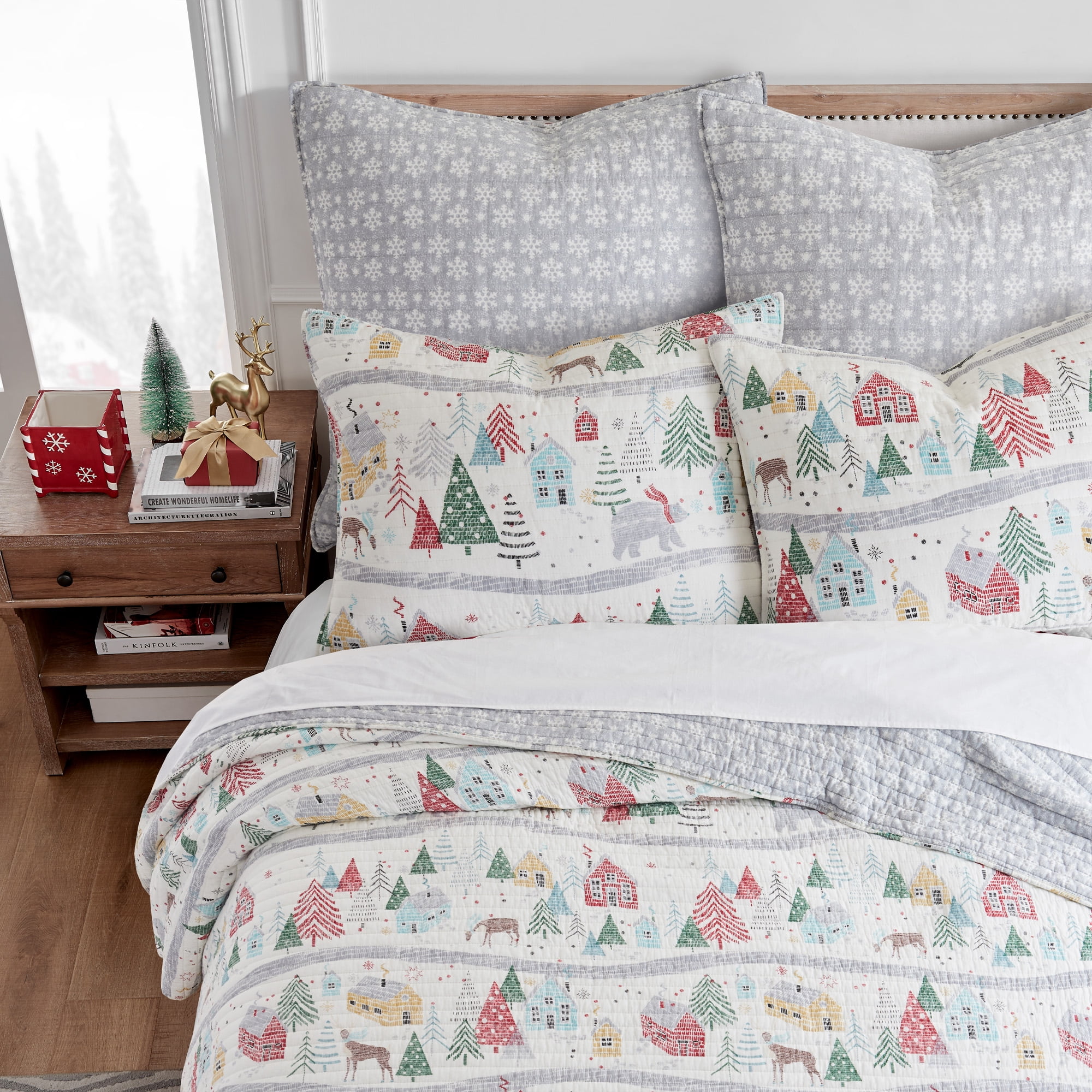 Levtex Home - Joulset Quilt Set - King Quilt and Two King Shams - Winter Woods - White, Green, Teal and Red - Quilt (106x92in.) and Shams (20x36in.) - Reversible - Cotton