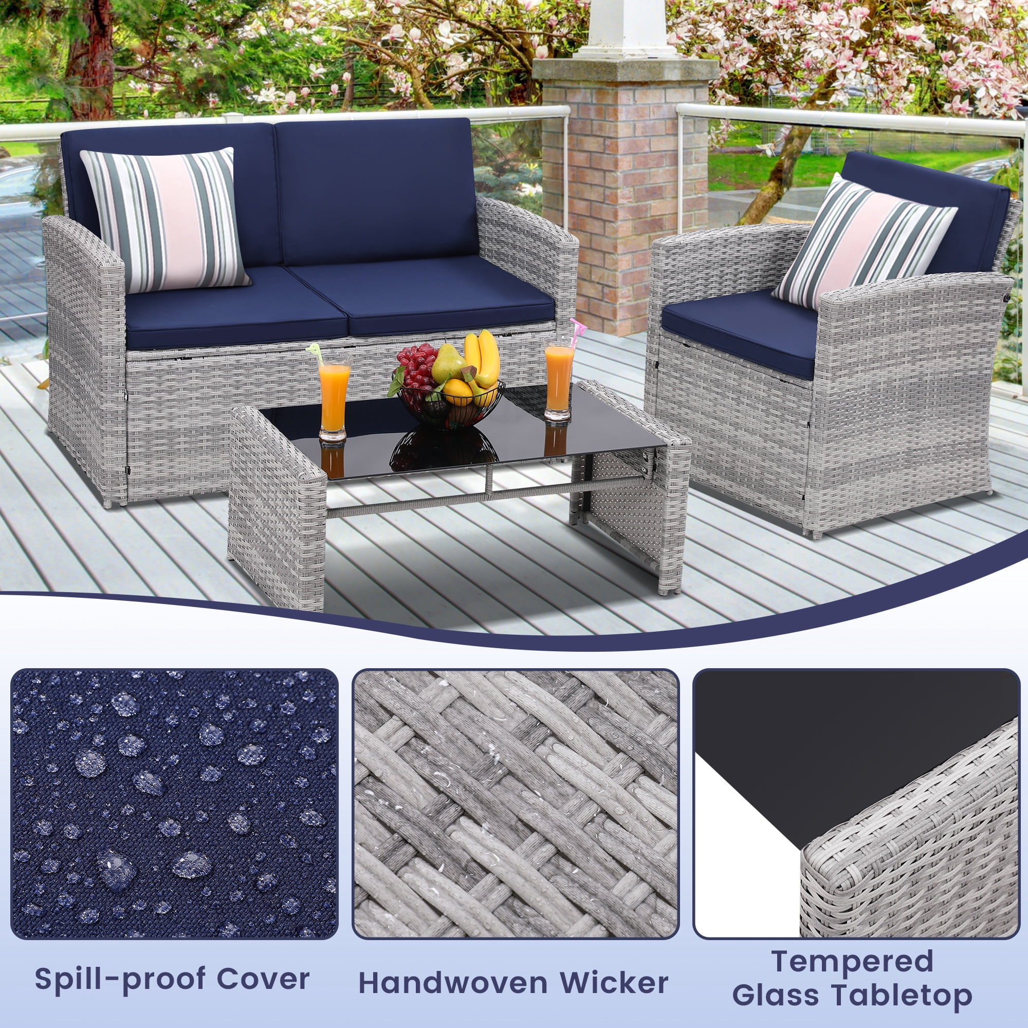 TUAREX Outdoor 4 Piece Wicker Patio Furniture Set, Waterproof Rattan Sectional Sofa with Thick Cushions, Perfect for Patio, Garden, Porch & Backyard, Grey Rattan and Blue Cushion