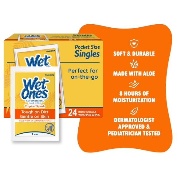 Wet Ones Antibacterial Hand Wipes Singles, Tropical Splash, 24 Ct