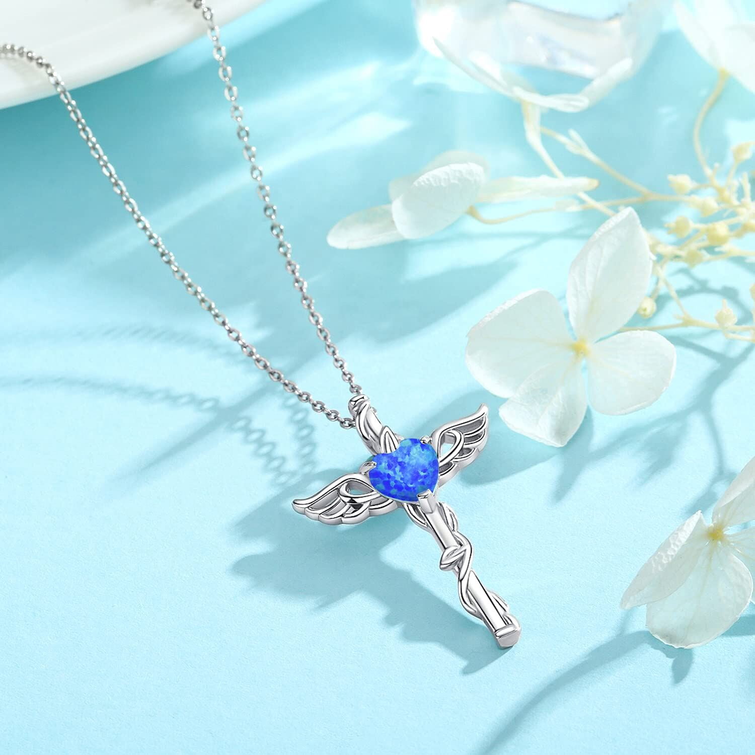 Coachuhhar Angel Wing Cross Necklace 925 Sterling Silver Blue Opal Cross Crucifix Pendant Necklace Guardian Angel Wings Necklace Cross Jewelry Gifts for Women