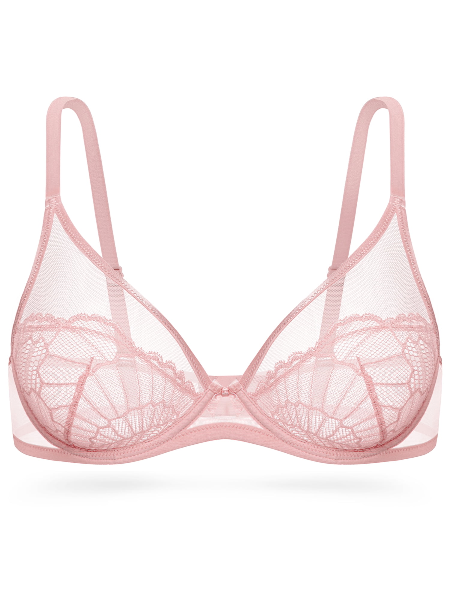 Deyllo Women Sexy Lace See-Through Bra Push Up Unlined Bras Underwire Support Non Padded Pink Underwear Bras 34D