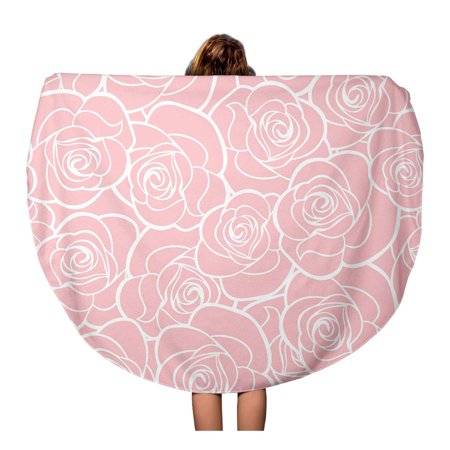 KDAGR 60 inch Round Beach Towel Blanket Outline White Roses Contours on Pink Modern Floral Abstract Travel Circle Circular Towels Mat Tapestry Beach Throw