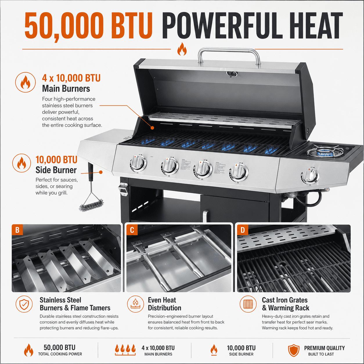 Seizeen 4 Burner Gas Grill with Side Burner, 50,000 BTU Stainless Steel BBQ Grill with Side Shelf, Tank Hook, Towel Rack & Bottle Opener, Outdoor Patio Propane Grill for Backyard, Camping