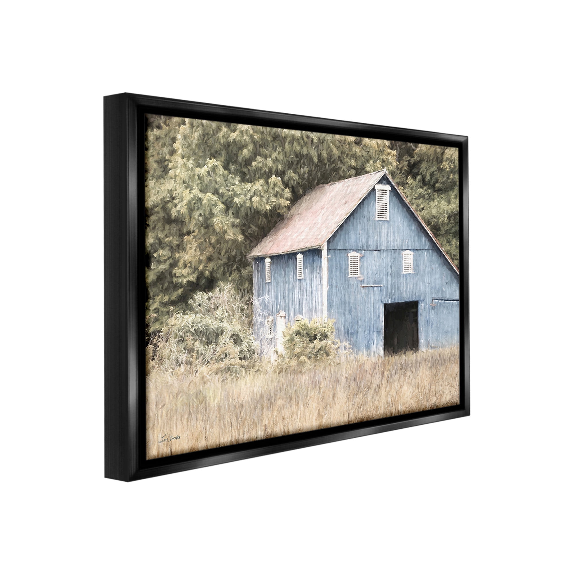 Stupell Industries Rustic Blue Barn Landscape Painting Black Floater Framed Canvas Art Print Wall Art, 21 x 17
