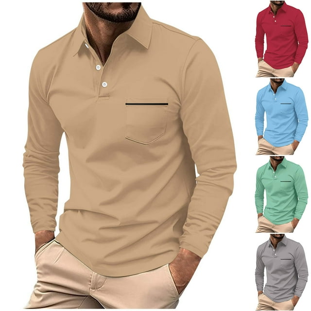 UVEASISHA Men's Golf Poloss Fall Long Sleeve Casual Business Work Shirts Button V Neck Collared Polos Shirts Classic Slim Fit Golf Shirts with Front Pocket Today Sales,Dark Gray,S
