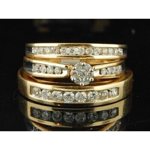 Silver Shop Round Cut CZ Trio Engagement Ring Bridal Band Set 14K Yellow Gold Finish