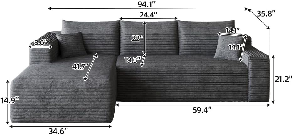 Howcool Boneless Sectional Sofa, L-Shaped Cloud Couch with Left-Facing Chaise, Deep Seat Memory Foam Modular Sofa for Living Room, Grey