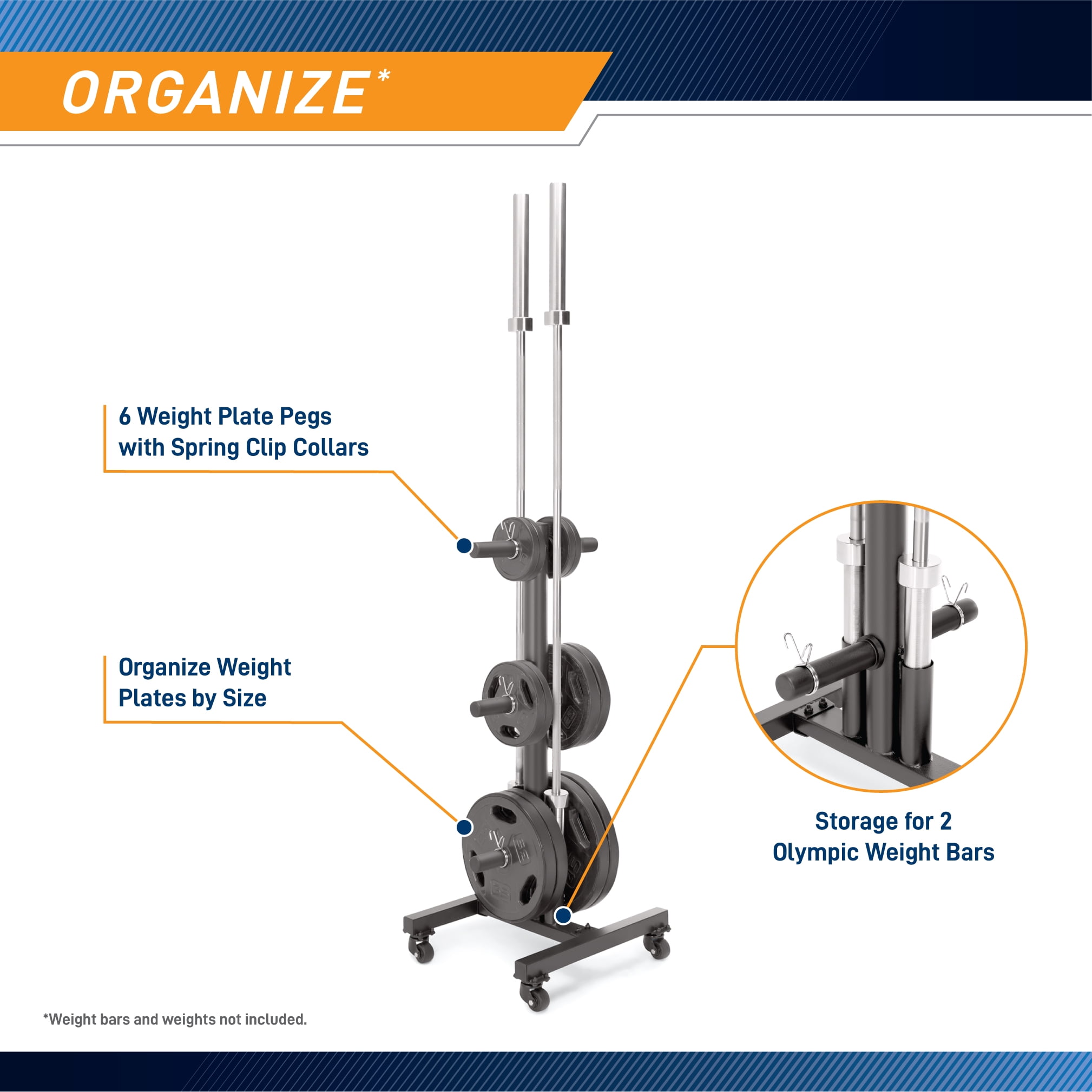 Marcy 6-Peg Olympic Weight Plate Tree and Vertical Bar Holder w/ Wheels PT-5856