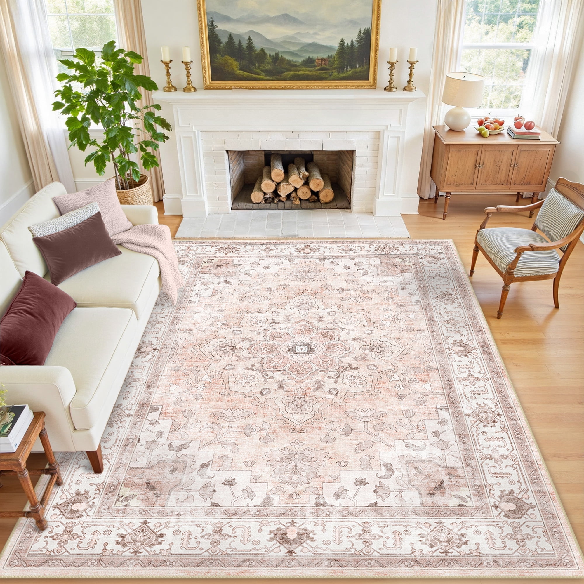 NewBuros 6'x9' Area Rugs, Machine Washable Non Slip Rugs for Living Room, Low Pile Water Repellent Soft Vintage Print Pattern Bedroom Carpet, Pink