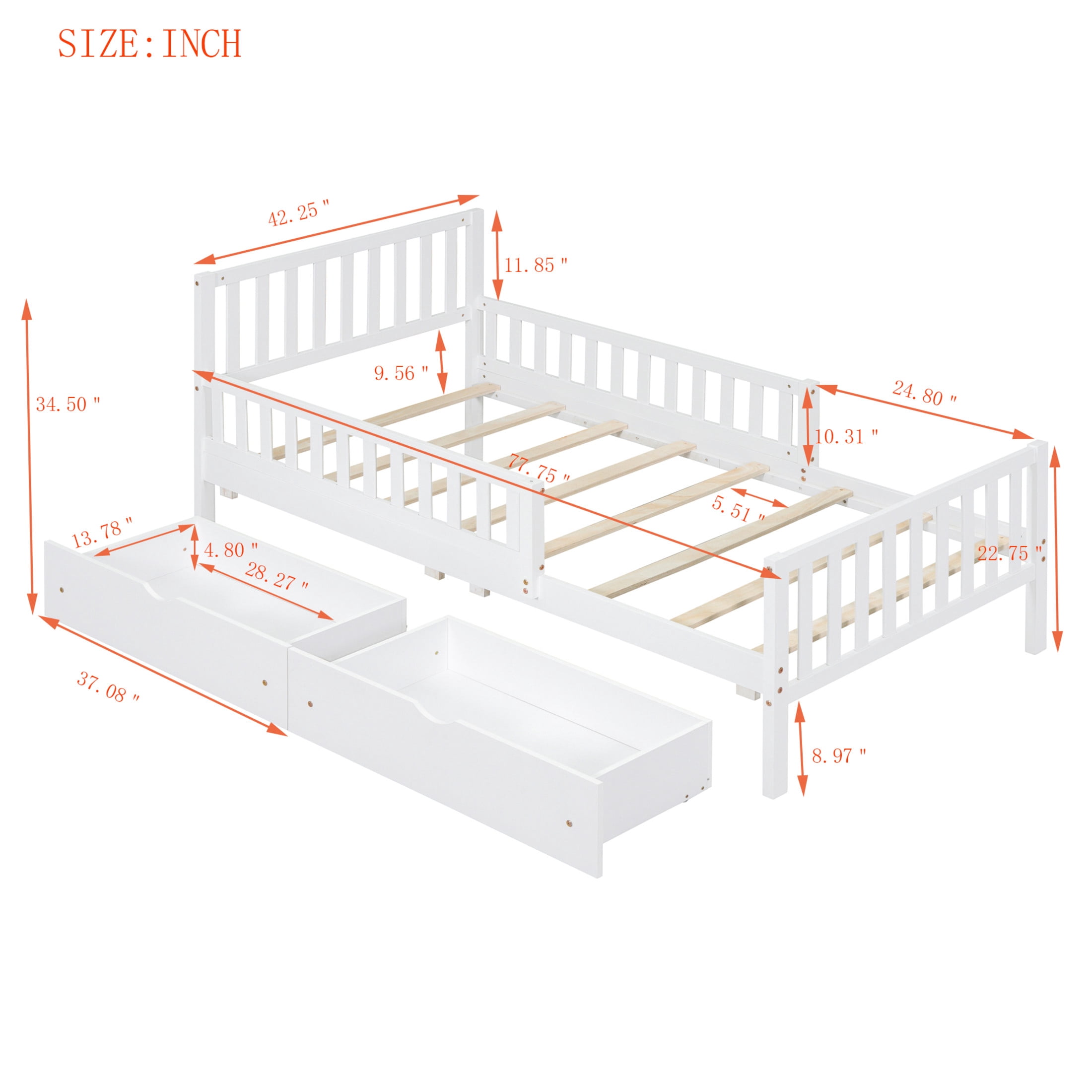 Noble House Twin Size Wood Platform Bed with Guardrails on Both Sides and Two Storage Drawers ,White