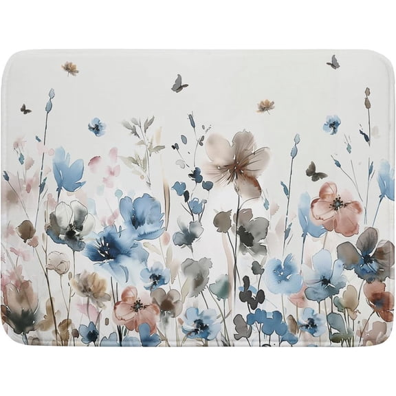 Watercolor Floral Dish Drying Mat, 18"x24" Blue Grey Brown Flowers Kitchen Drainer Mats, Spring Summer Wildflower Microfiber Large Dish Drying Pad for Countertop Tabletop Decoration