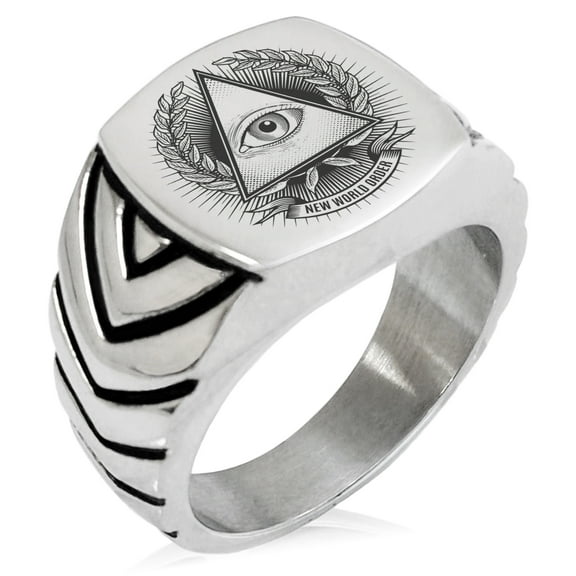 Stainless Steel All Seeing Eye New World Order Chevron Pattern Biker Style Polished Ring