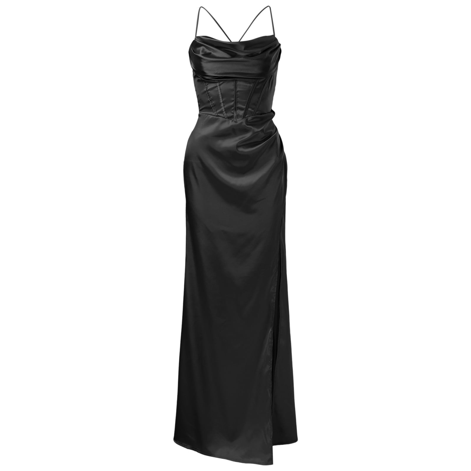 Womens Dress formal Dress Tall Women Women Sexy Satin Corset Maxi Dress Silky Strap Push Up Fishbone Ruched Evening Party Adult Female Clothes Black