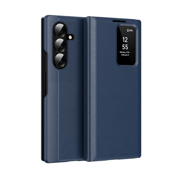 for Samsung Galaxy Z Fold 8 Ultra Smart Wallet Phone Case, Protective Cover with Smart Small Screen View, Finger Tap Control, Slim Design, Card Holder Pocket, PU Leather Flip Cover, Blue