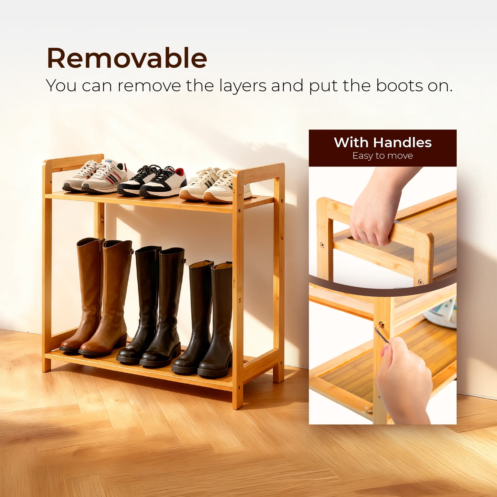 Minimalist 3 Tier Natural Bamboo Shoe Rack Eco Friendly Open Shelf Design Space Saving for Entryway Closet Hallway